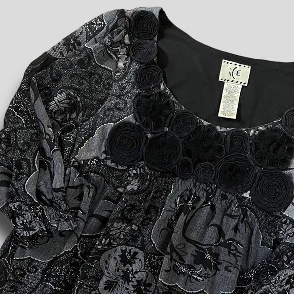 VINTAGE LS EMPIRE WAIST ICE ROSE FLORAL DETAIL BLACK GRAY SIZE LARGE - Picture 3 of 9